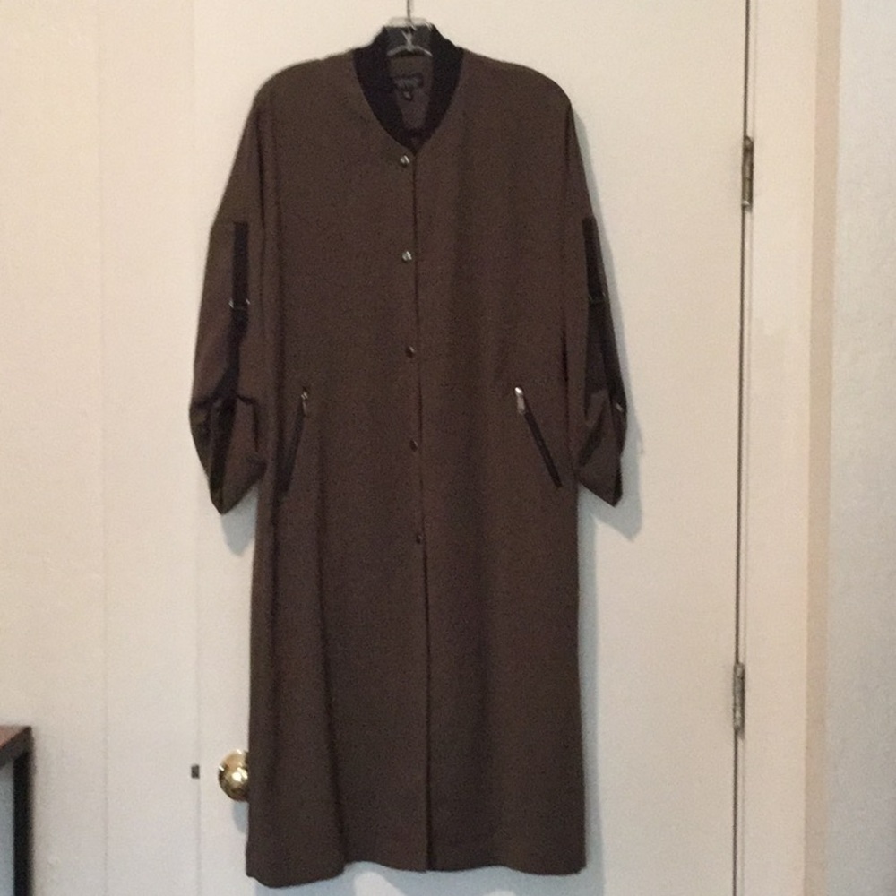 Olive green overcoat.